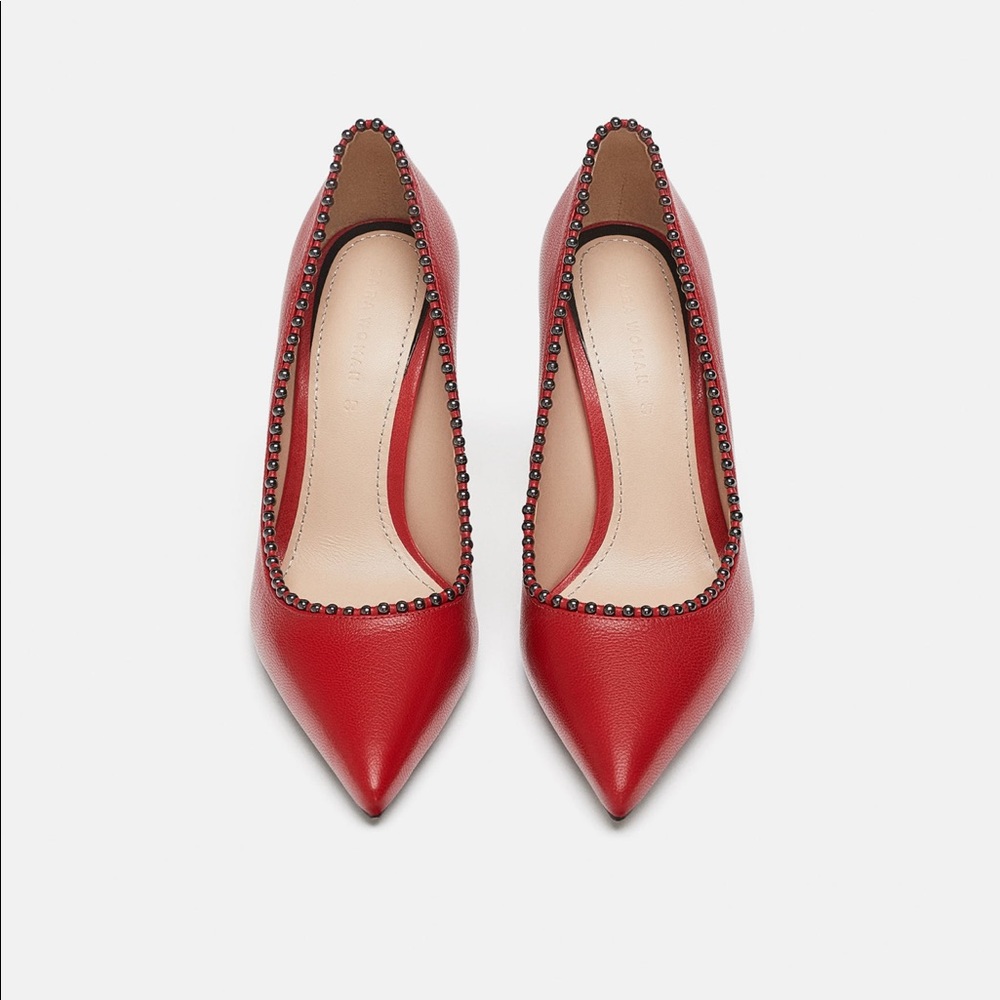 BLOGGERS FAVORITE ZARA BEADED RED LEATHER HEELS - Picture 3 of 7